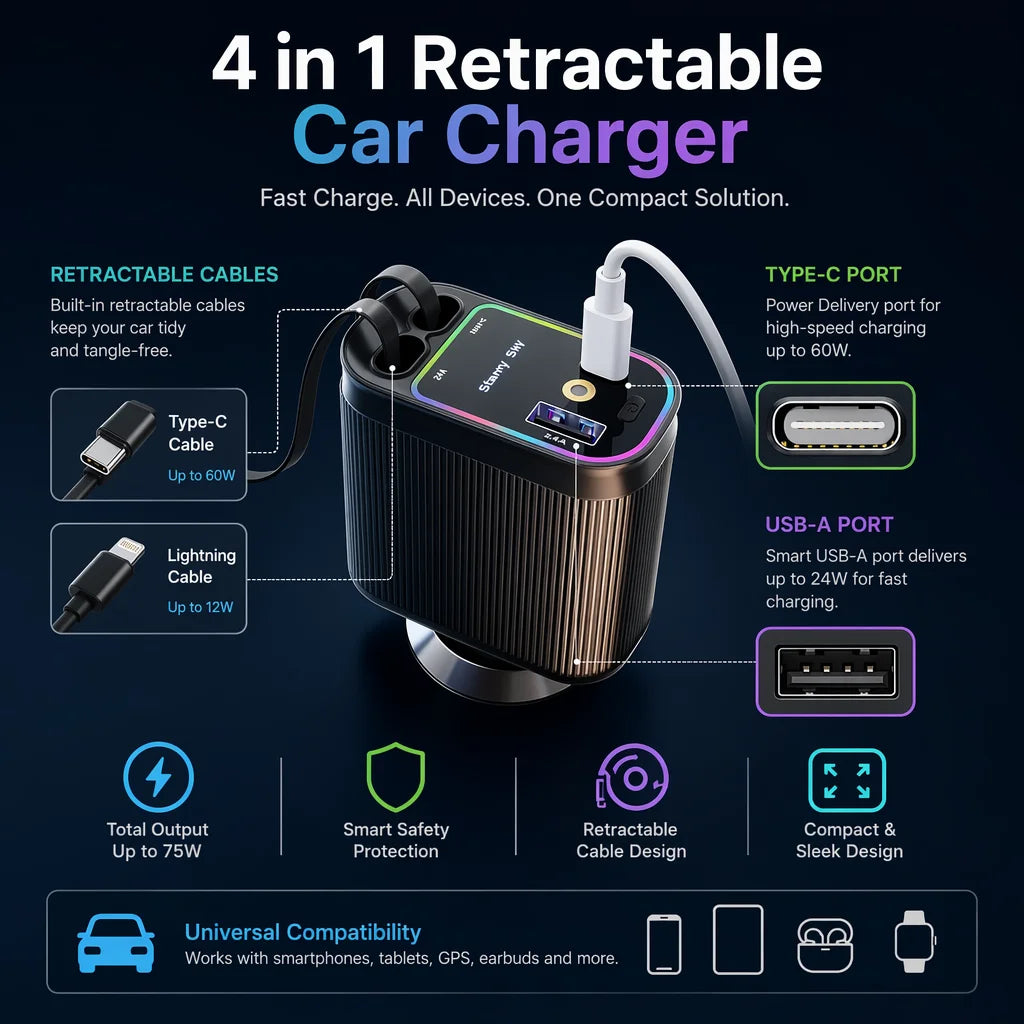 Chargeur Voiture 4 en 1 – avec Lumière Étoilée